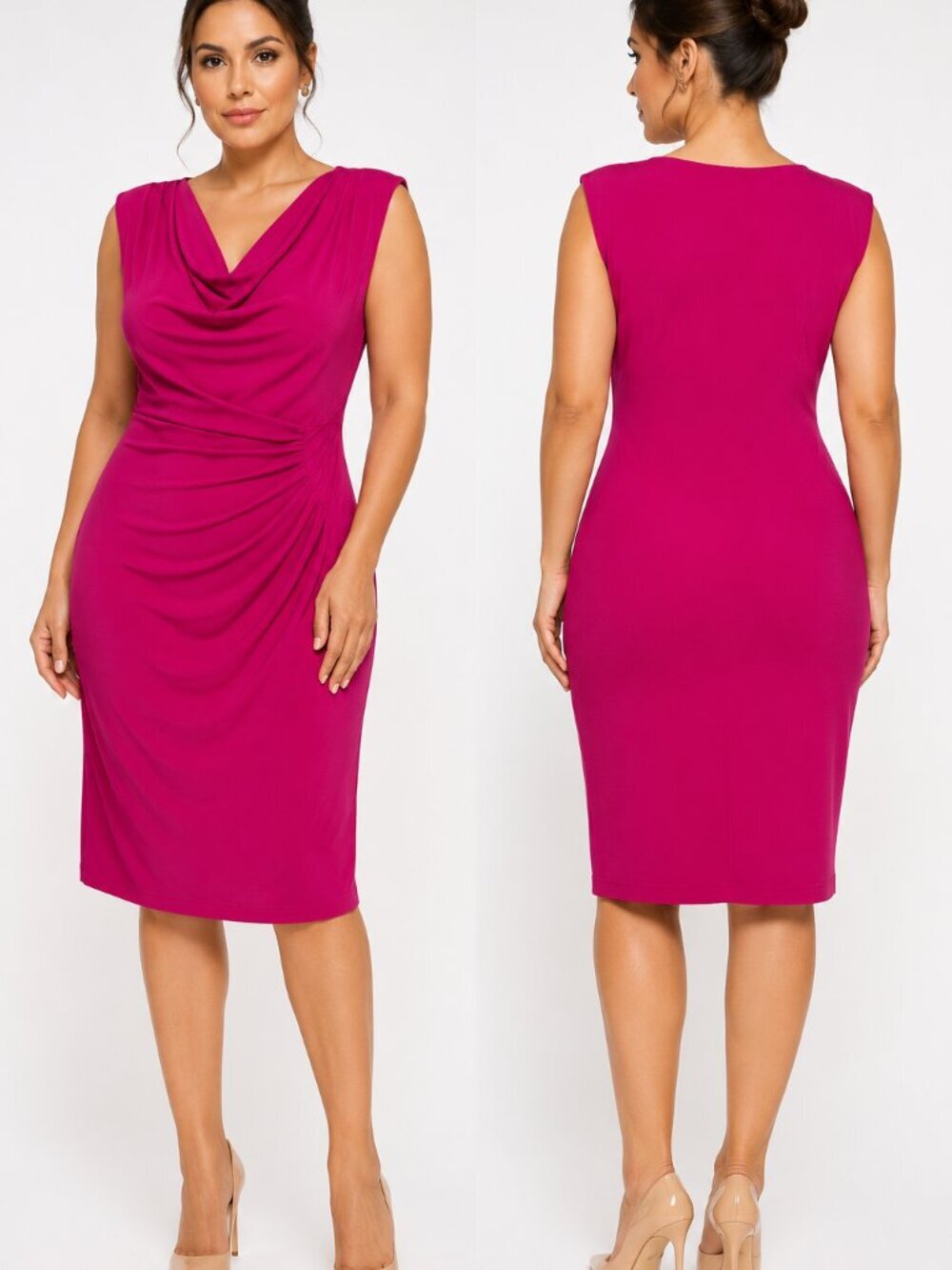 Lauren Ralph Lauren Magenta Pink Cowl Neck Ruched Sheath Dress Size 8